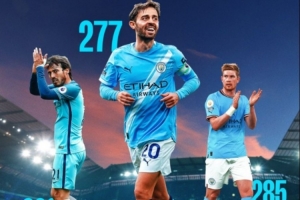 队史第三！B席第277次为曼城在英超出场，仅次于席尔瓦、德布劳内