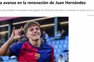 每体：巴萨希望续约中场小将胡安·埃尔南德斯，已谈判数月