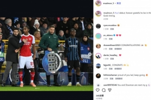 16岁枪手小将萨尔蒙晒照纪念欧冠首秀：我将永远为此而感恩