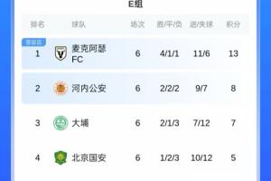 亚冠二级E组最终积分榜：国安1胜2平3负积5分垫底，无缘淘汰赛